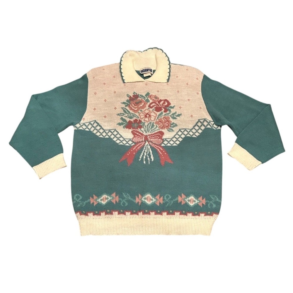 Vintage Grannycore Floral Flowers Sweater Cape Cod Sportswear Womens Size Medium